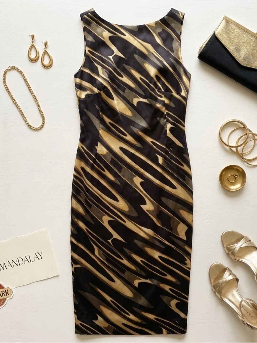 Mandalay 100% Silk Black and Gold Midi Sheath Dress